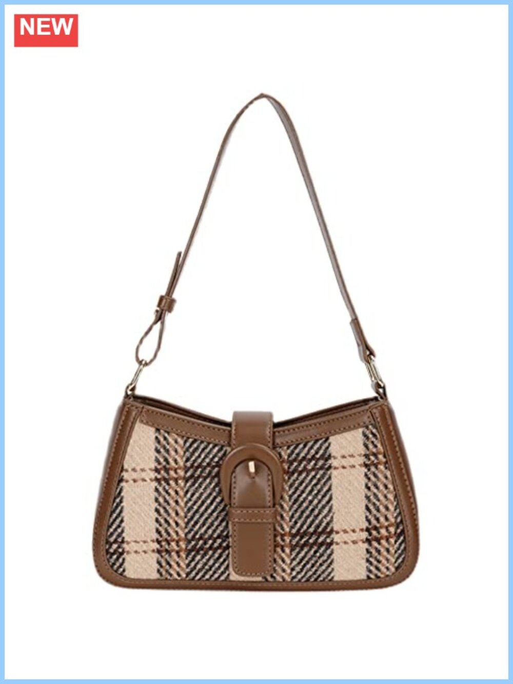 Houndstooth Shoulder Bag PU Leather Woolen Cloth Crescent Crossbody Hobo